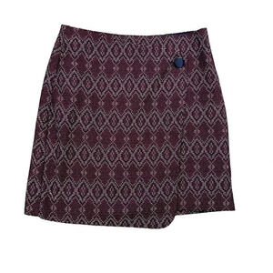 LOFT Size 4 Maroon Navy Textured Diamond Button Wrap Skirt Geometric Print